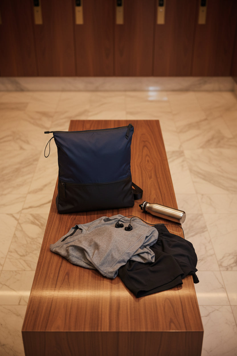 Sweat Bag in navy and black - antimicrobial washable bag keeps gym clothes separate in day bags and gym bags. styled on a changing room bench with workout clothes