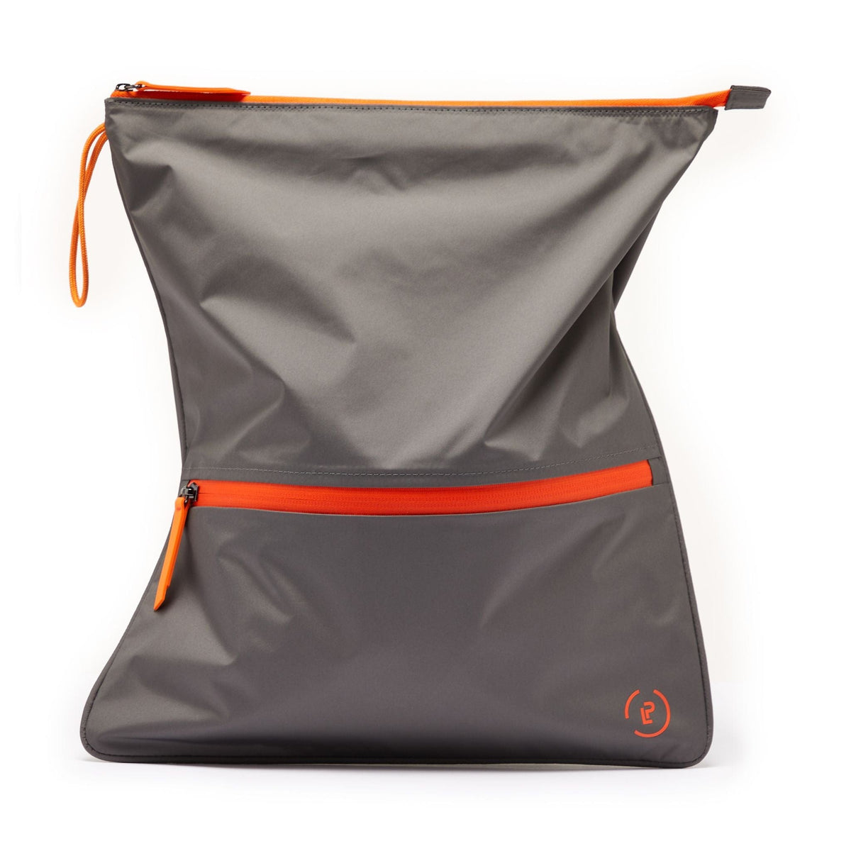 La Pochette antimicrobial sweat bag in dark grey with bright orange zips and side hanging cord loop. On a white background.