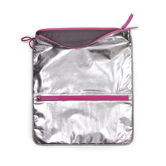 silver and pink sweat bag open showing perforated lining