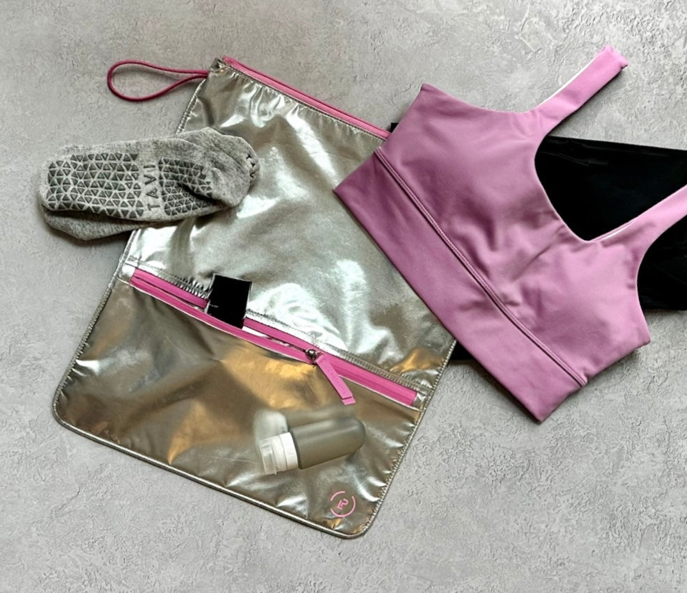 silver and pink sweat bag with kit