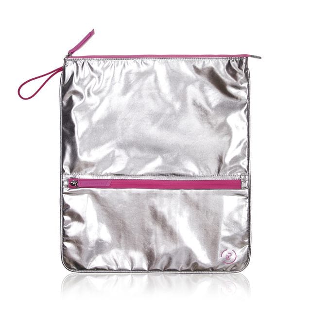 silver and pink sweat bag shown flat