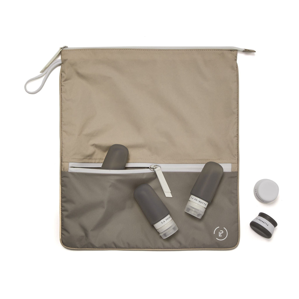 Sweat bag and three travel bottles in cashmere colourway  and set of pots