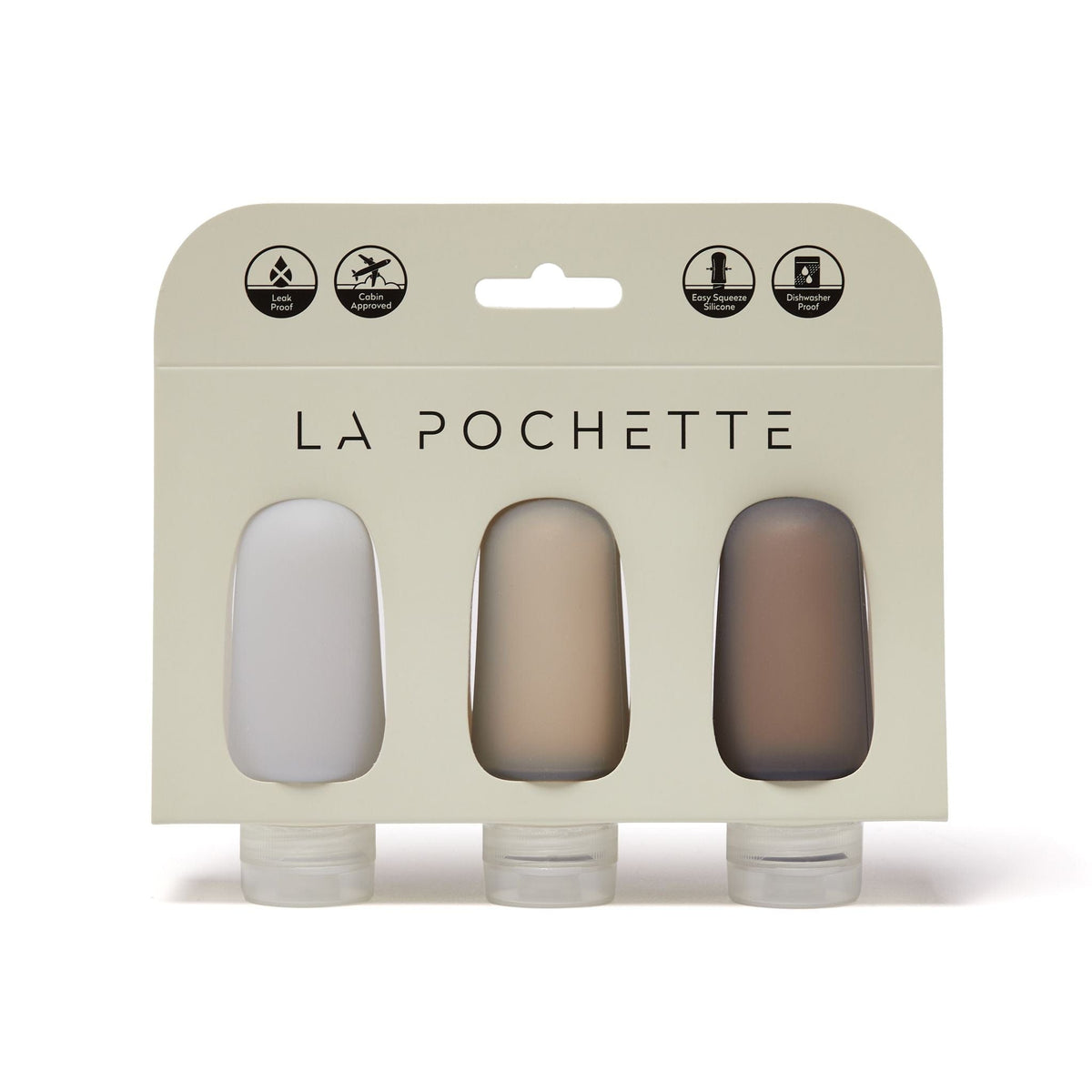 Set of travel bottles in Cashmere, Charcoal and Steel colour ways in its packaging