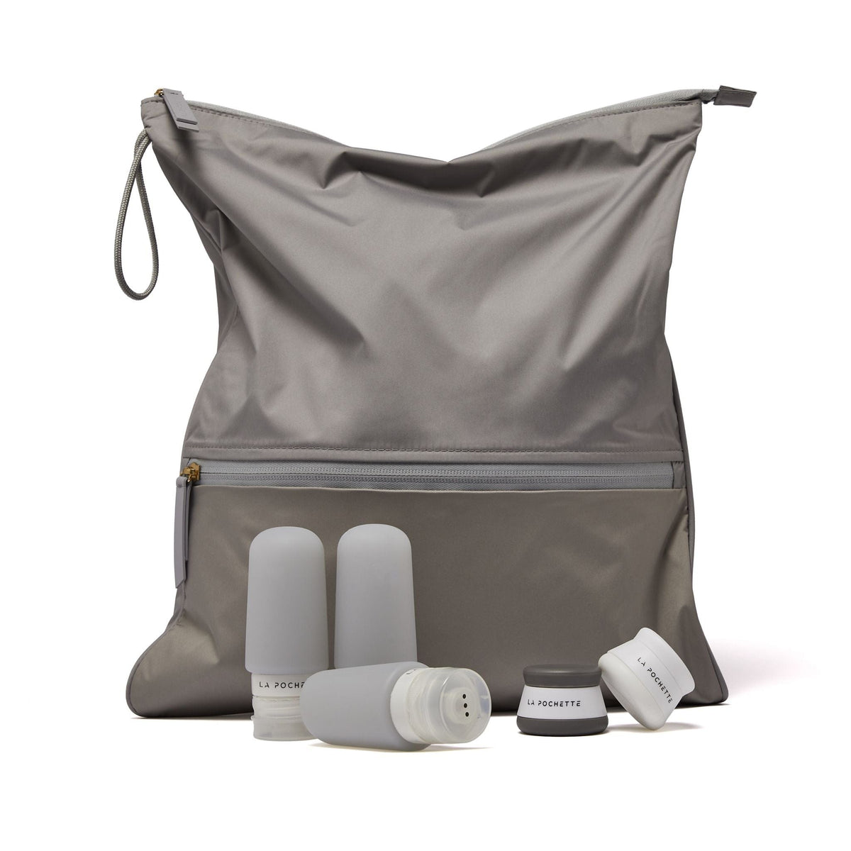 Sweat Bag and set of three grey steel travel bottles and travel pots