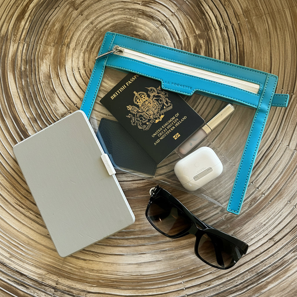 A turquoise la pochette transparent zip pouch with white zipper trim is arranged on a round wood slice background, containing a blue British passport, a kindle, EarPods, a small tube of lip balm, and black sunglasses.