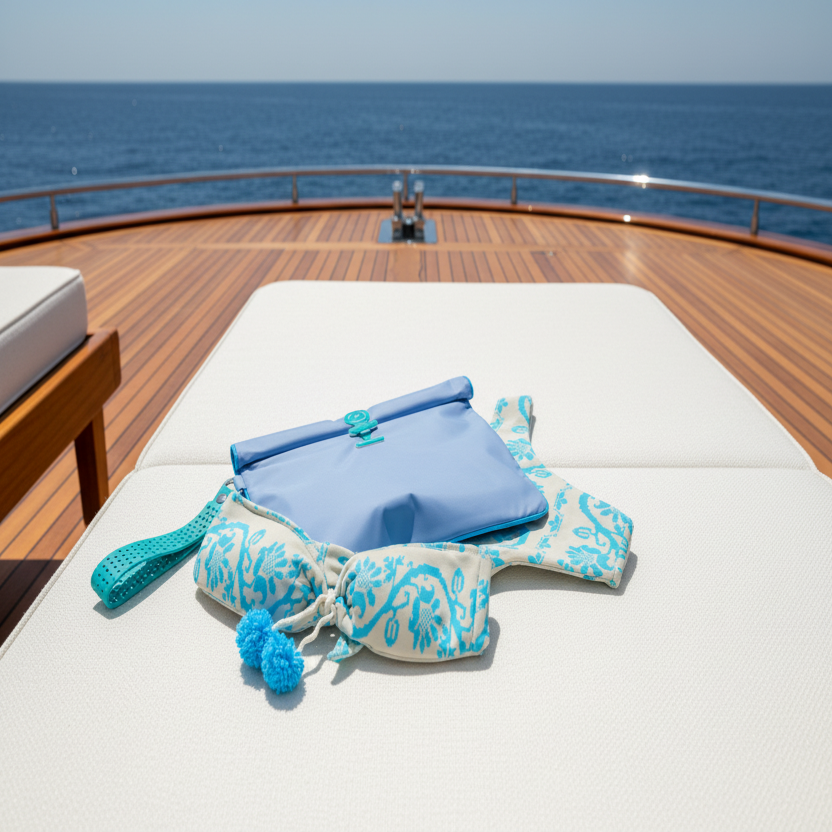 Large Wet Bag in vivid blue styled flat with blue swimwear on a yacht