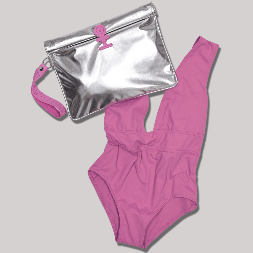 silver and pink large wet bag with pink swimsuit