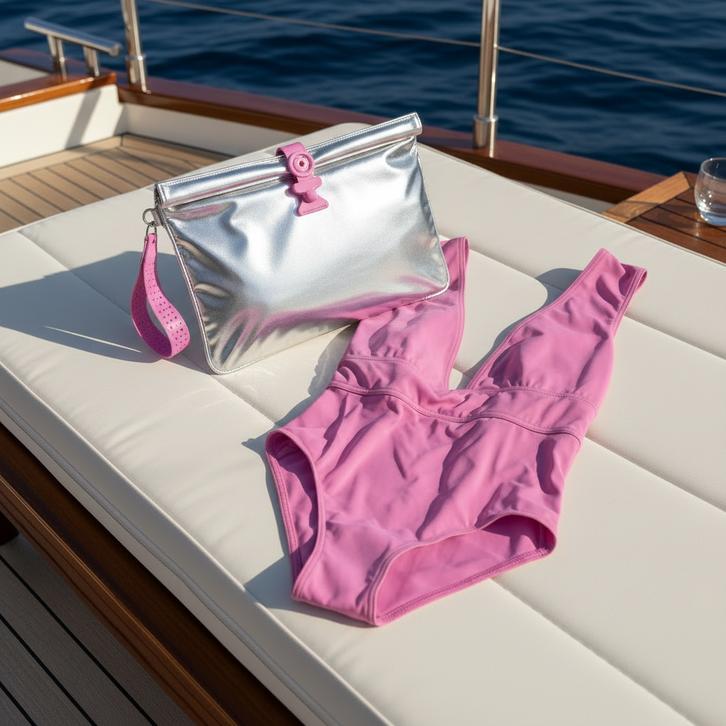 Large Wet Bag in silver and bright pink styled flat with pink swimwear