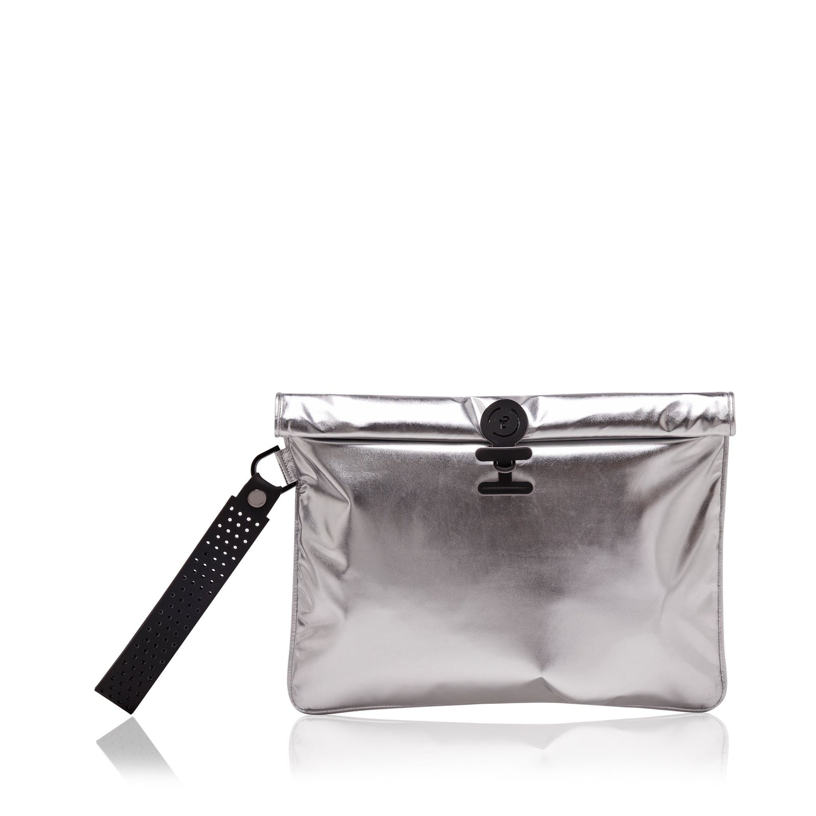 Large waterproof Silver La Pochette Wet Bag to put wet swimwear, with black silicone detachable handle and closure
