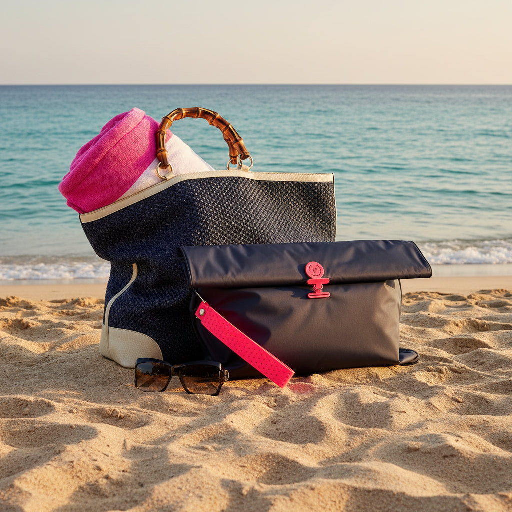 Maxi Wet Bag in navy and neon pink styled in front of a large navy beach tote, pink towel and sunglasses