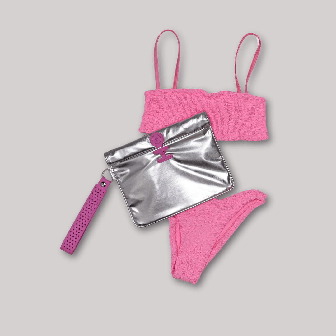 silver and pink small wet bag with pink bikini