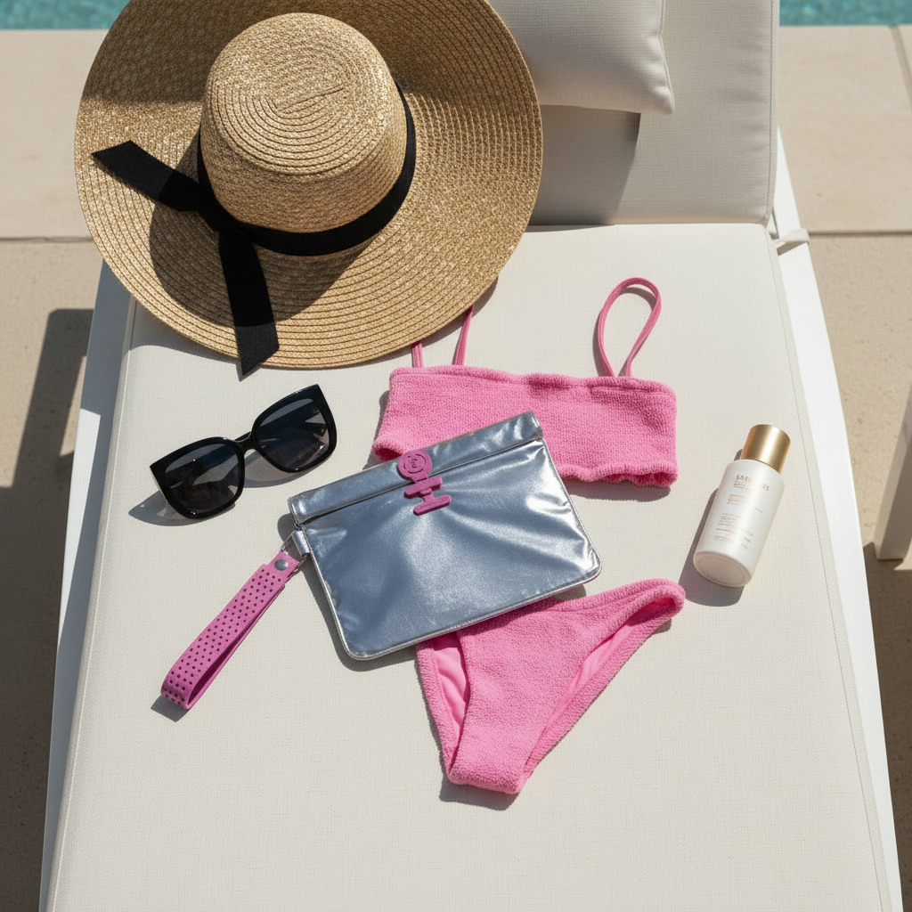 Small Wet Bag in silver and vivid pink styled flat with a pink bikini