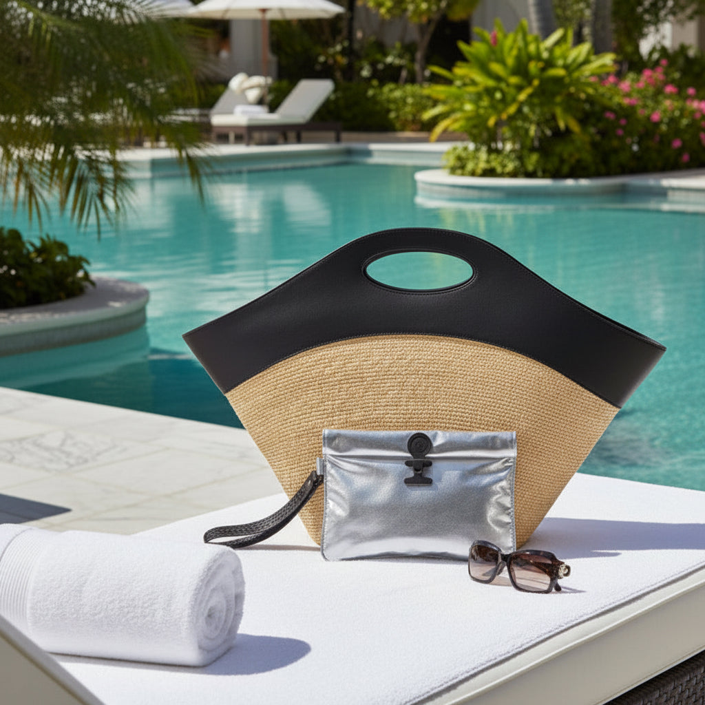 Small Wet Bag shown in front of a large woven beach bag, towel and sunglasses on a sunlounger by outdoor pool