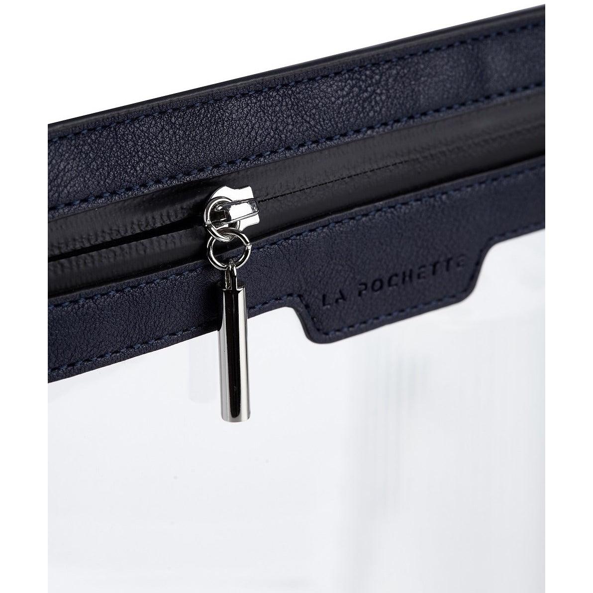 Close up of the zip and side on the Anywhere Everywhere Wallet in Midnight Ink colourway