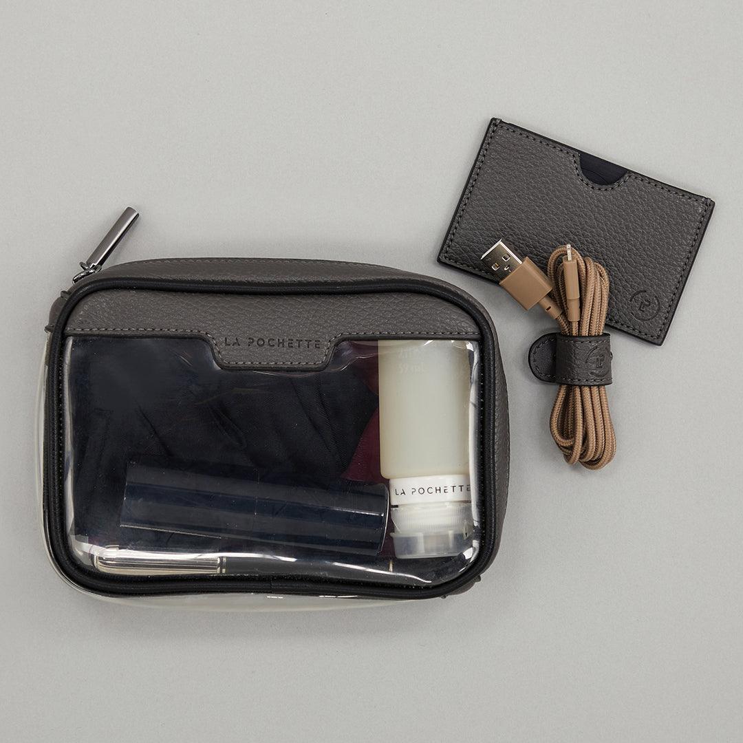 Commute collection featuring Anywhere Everywhere Box, Card Wallet and Cable Tidy in Charcoal Ink colourway 