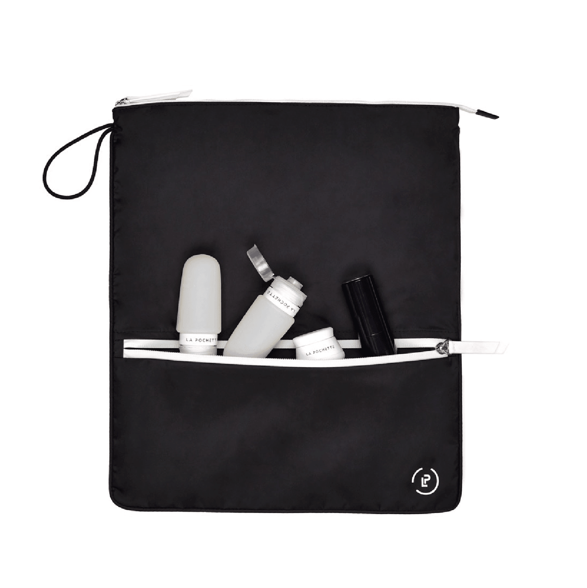 Ink White Sweat Bag, shown flat and with two La Pochette silicone travel bottles resting on top and in front pocket