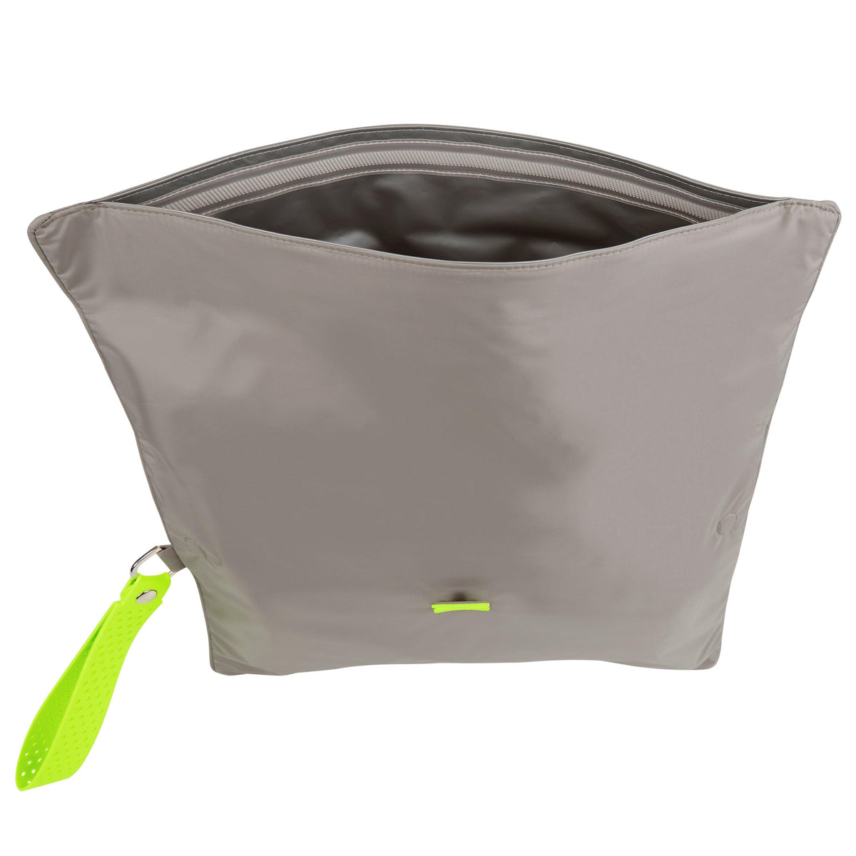 Maxi Wet Bag in Walnut Neon Green open, and showing waterproof lining 