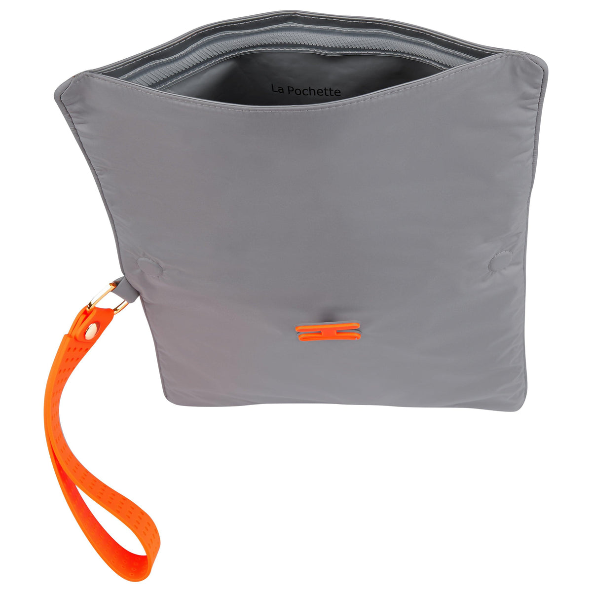 Small wet bag in Shadow Neon Orange open, and showing waterproof lining 