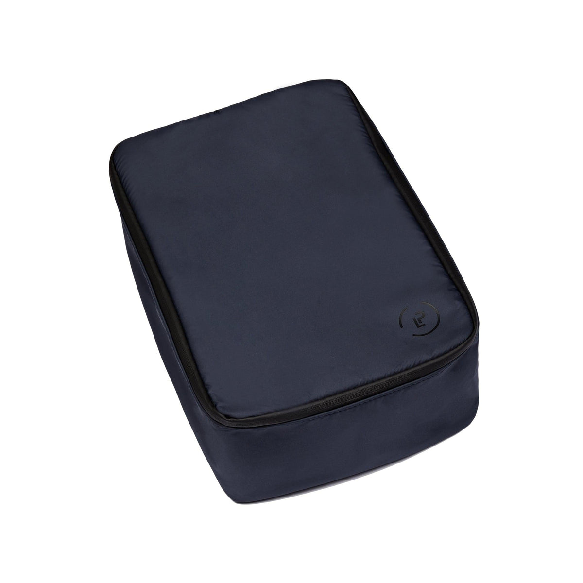 Small Shoe bag in navy with black zip on a white background