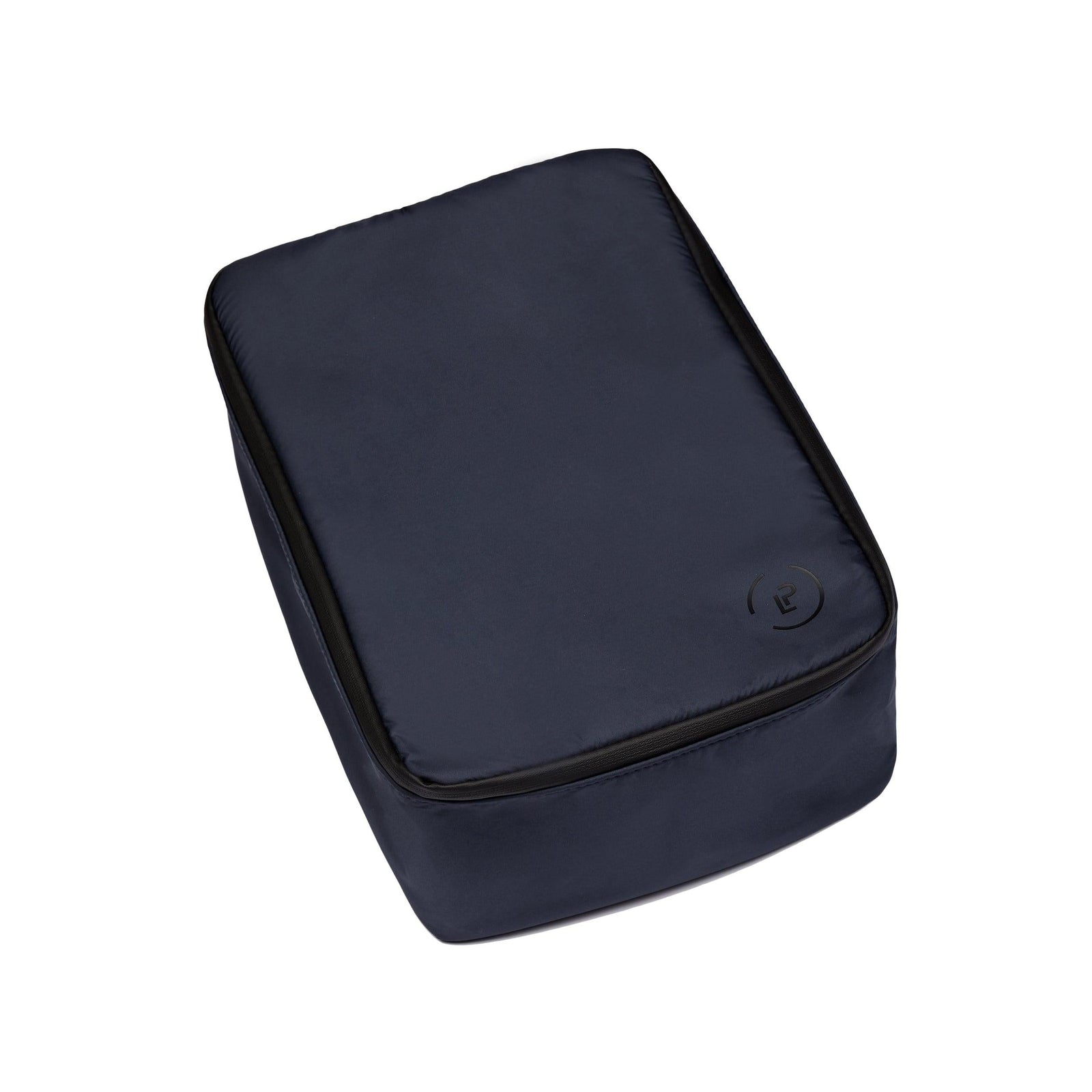 Small Shoe bag in navy with black zip on a white background