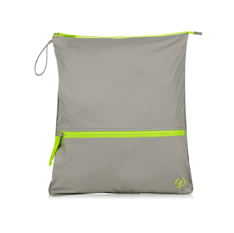 Walnut Neon Green Sweat Bag, shown flat with both pockets zipped