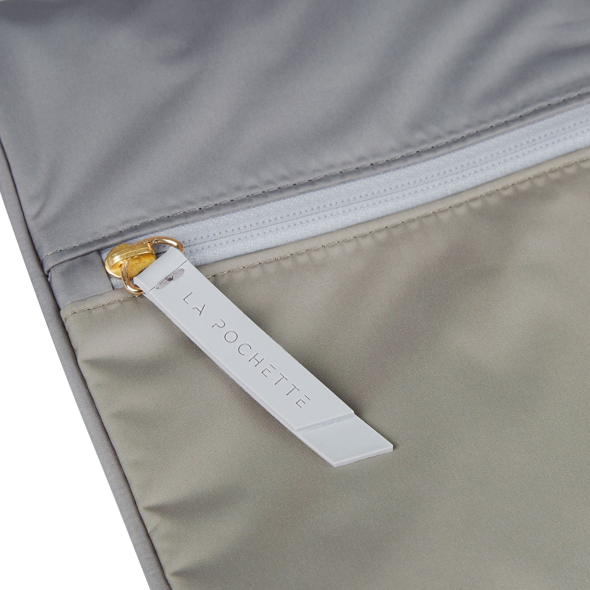 Close-up of the grey zip detail on the Sweat Bag