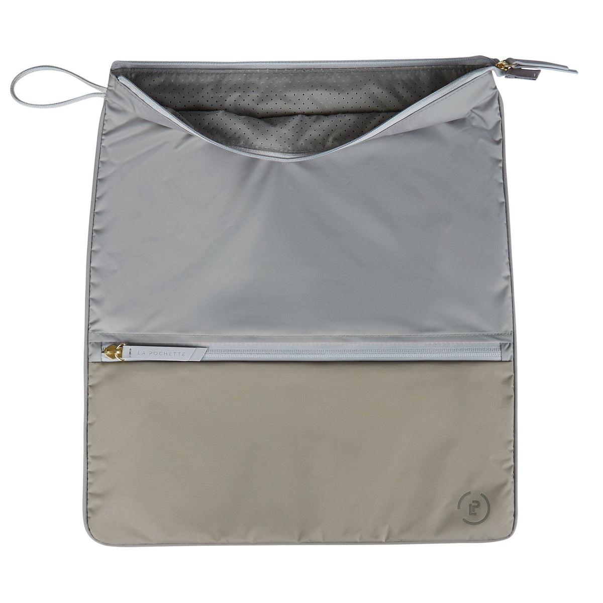 Sweat Bag in grey and beige open, showing the antimicrobial and deodorising mesh lining 