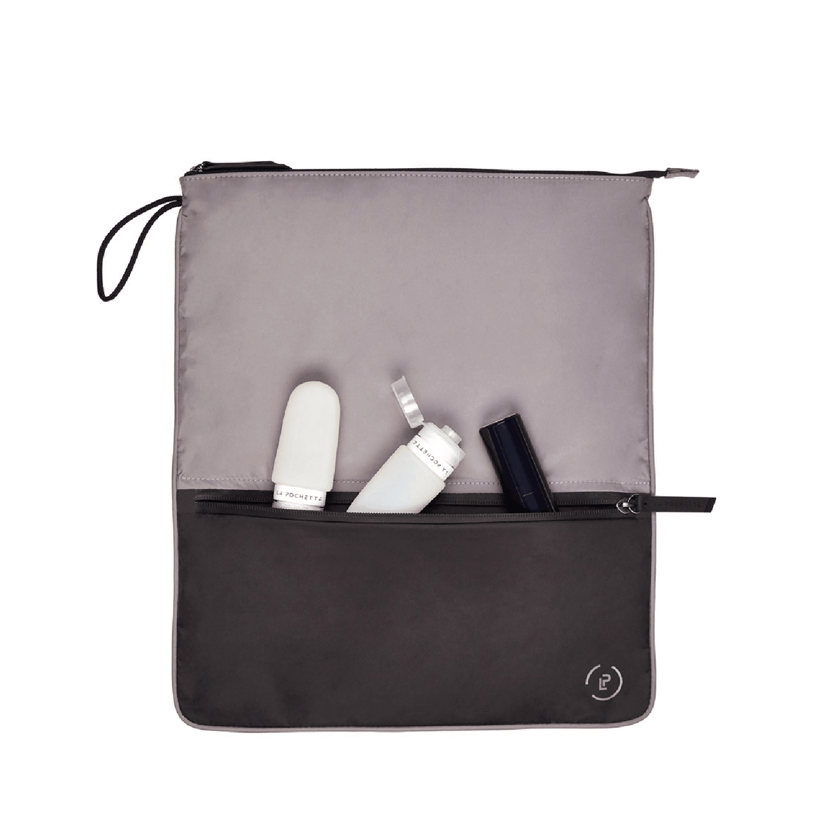 Pewter Ink Sweat Bag laid flat, topped with a small La Pochette Anywhere Everything Bag holding La Pochette silicone travel bottles.