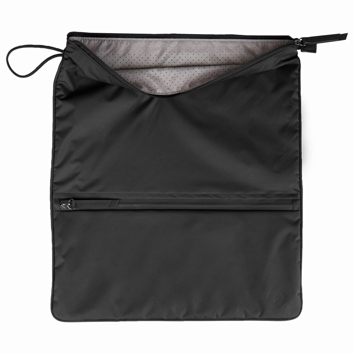 Ink Sweat Bag lying flat, showing unzipped top to reveal inner perforated grey lining