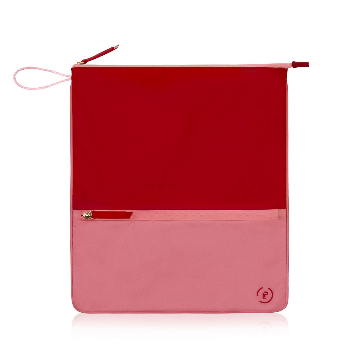 Chilli and peony Sweat Bag, shown flat with both pockets zipped.  On a white background. 