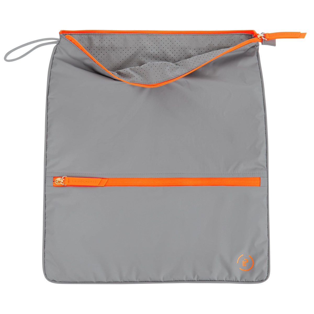 Shadow Neon Orange Sweat Bag lying flat, showing unzipped top to reveal inner perforated grey lining