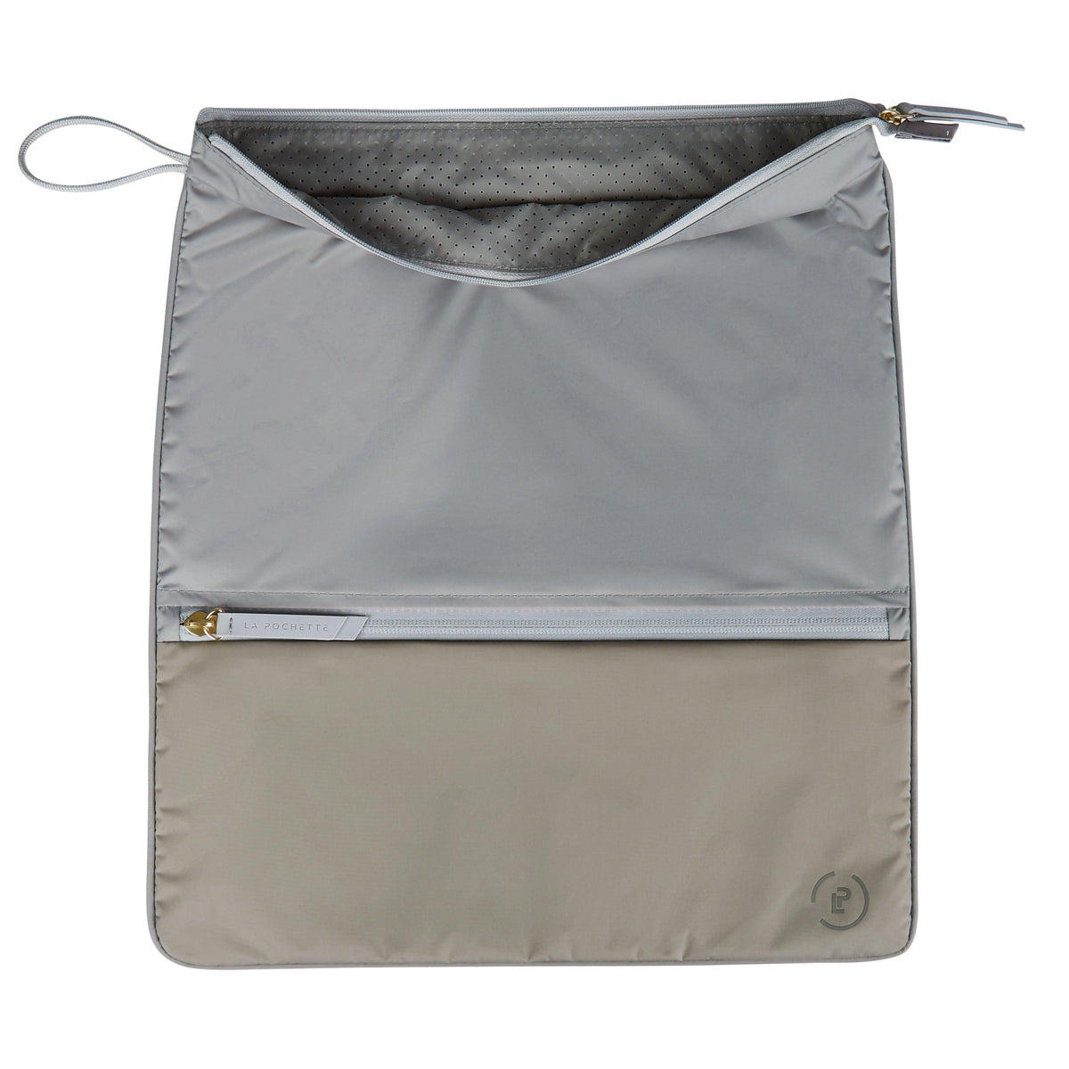 Shadow Walnut Sweat Bag lying flat, showing unzipped top to reveal inner perforated grey lining