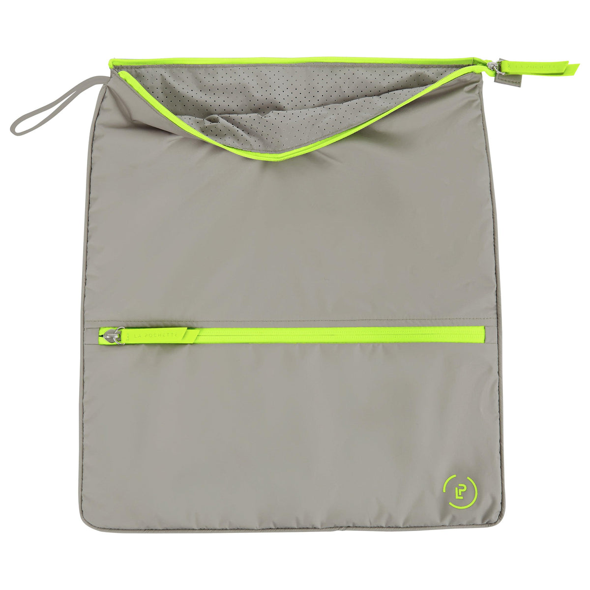 Walnut Neon Green Sweat Bag lying flat, showing unzipped top to reveal inner perforated grey lining