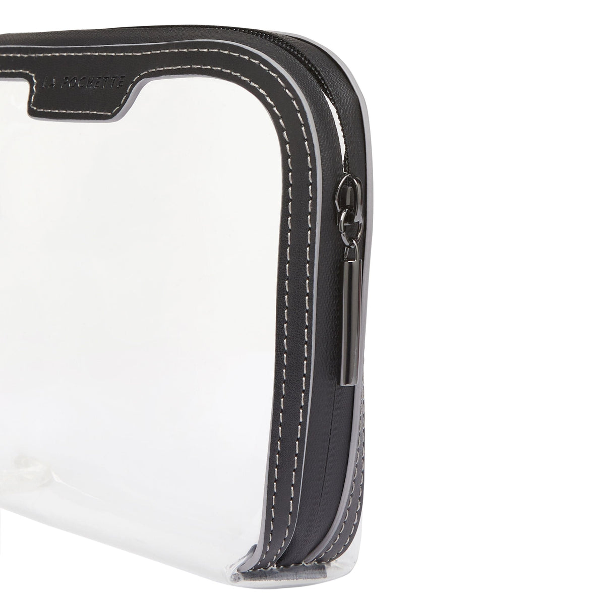 Close up of the zip on the Small see through pouch with black and grey trim. Showing zip pull