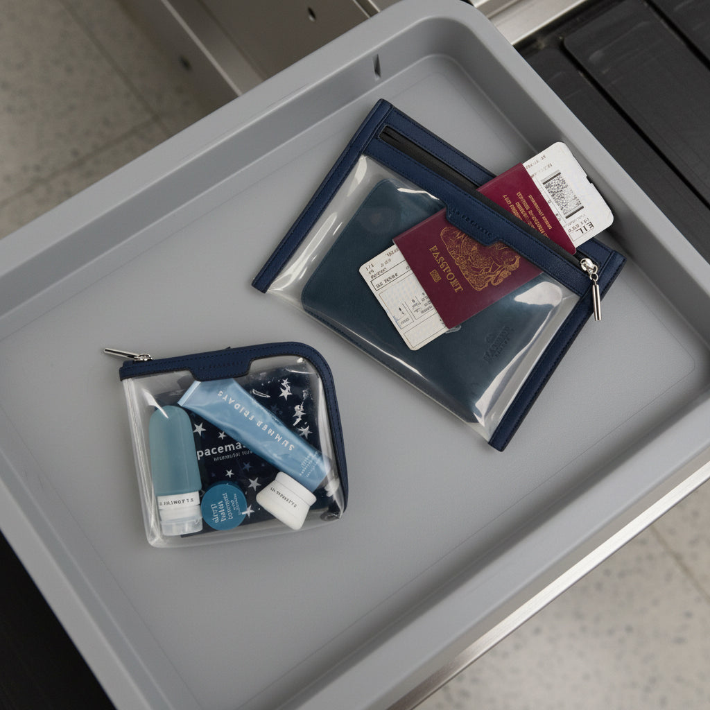 La Pochette clear pouch and wallet it navy and black styles in an airport security tray holding a travel bottle, passport and beauty accessories