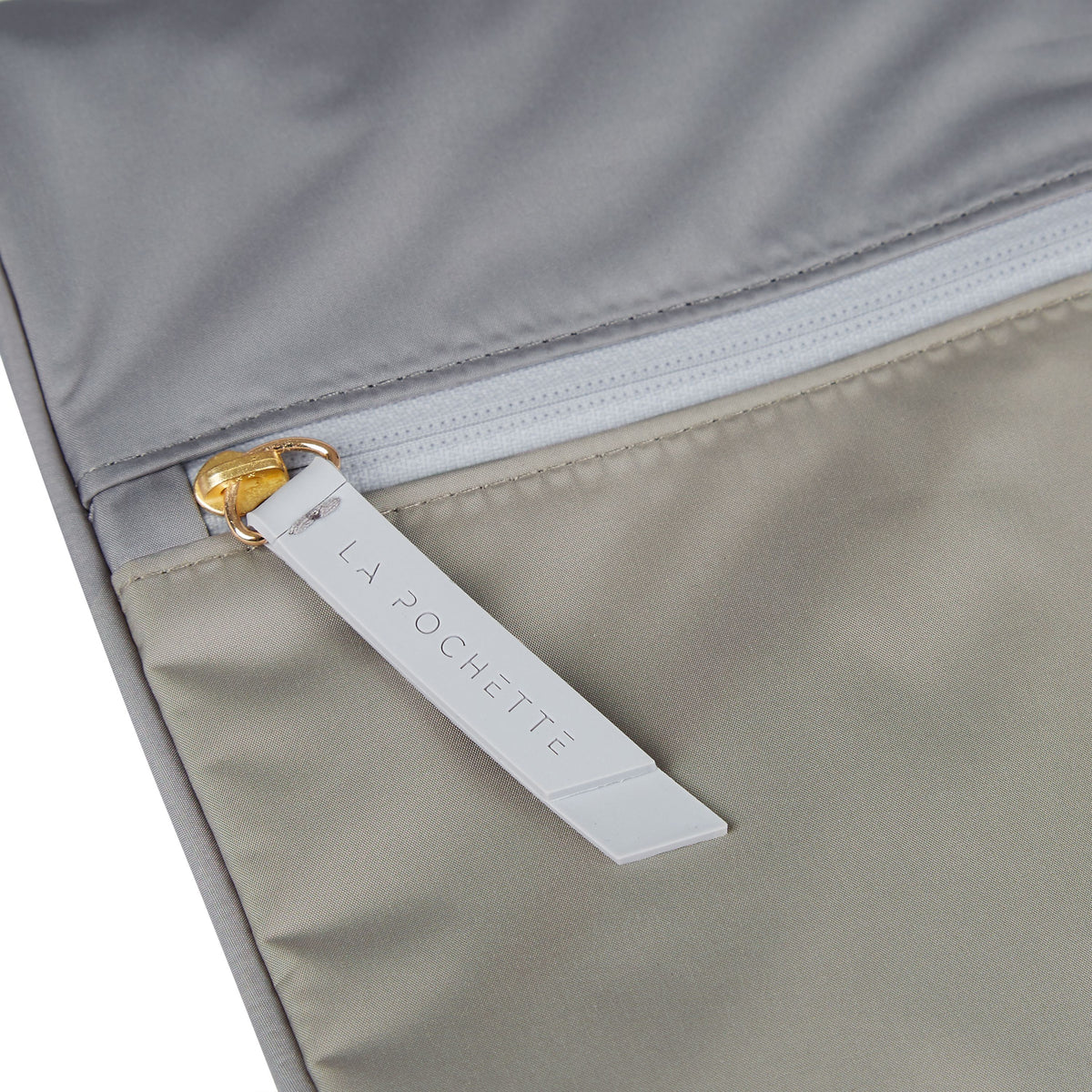 Shadow Walnut Sweat Bag, shown flat with both pockets zip detail