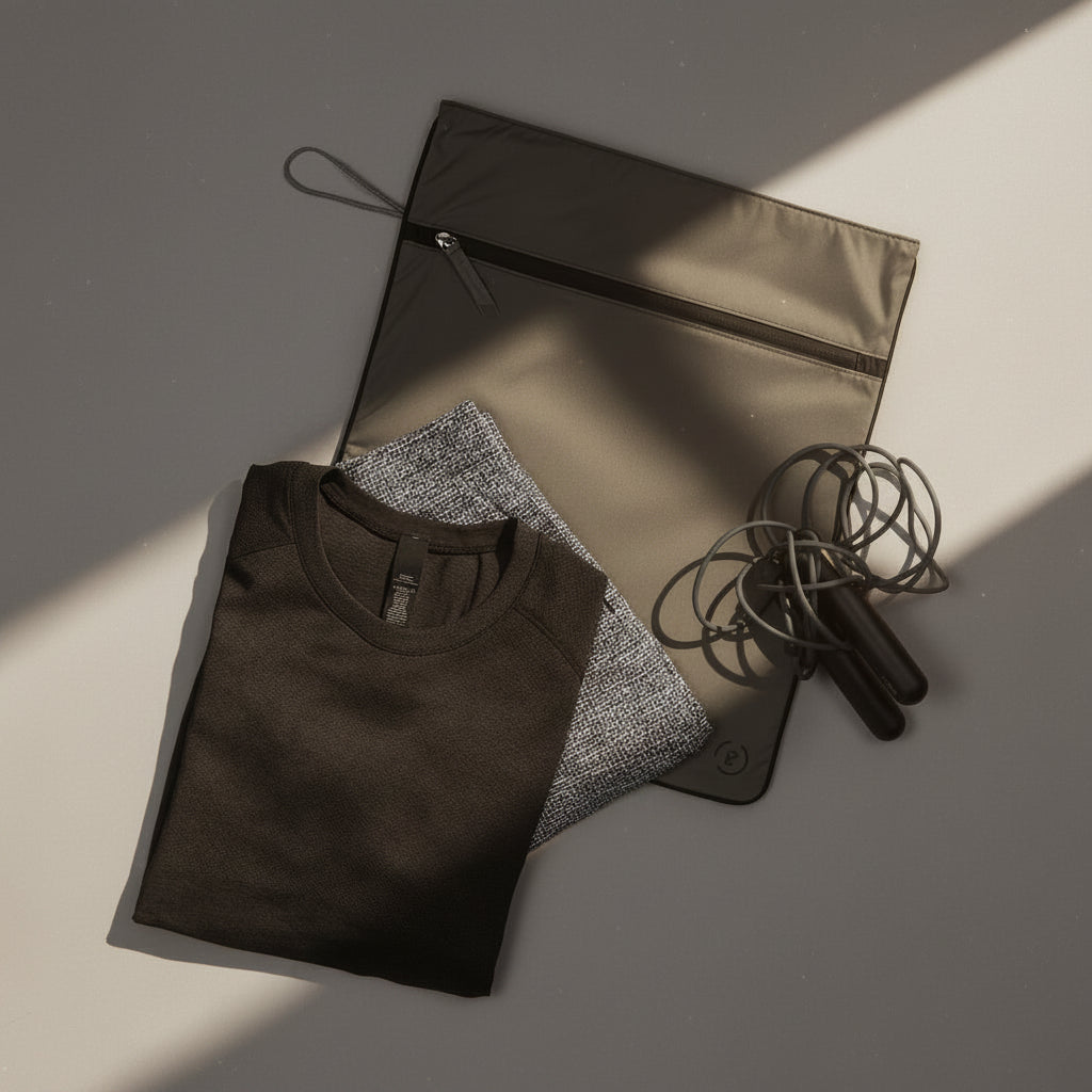 Kit Bag in dark grey and black colourway with folded gym clothes on top next to Tangram SmartRope 