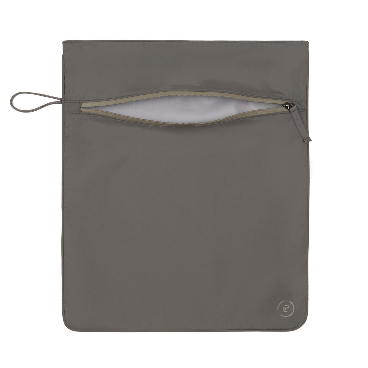 Kit Bag in a dark grey colourway with the beige zip open, showing inner waterproof lining