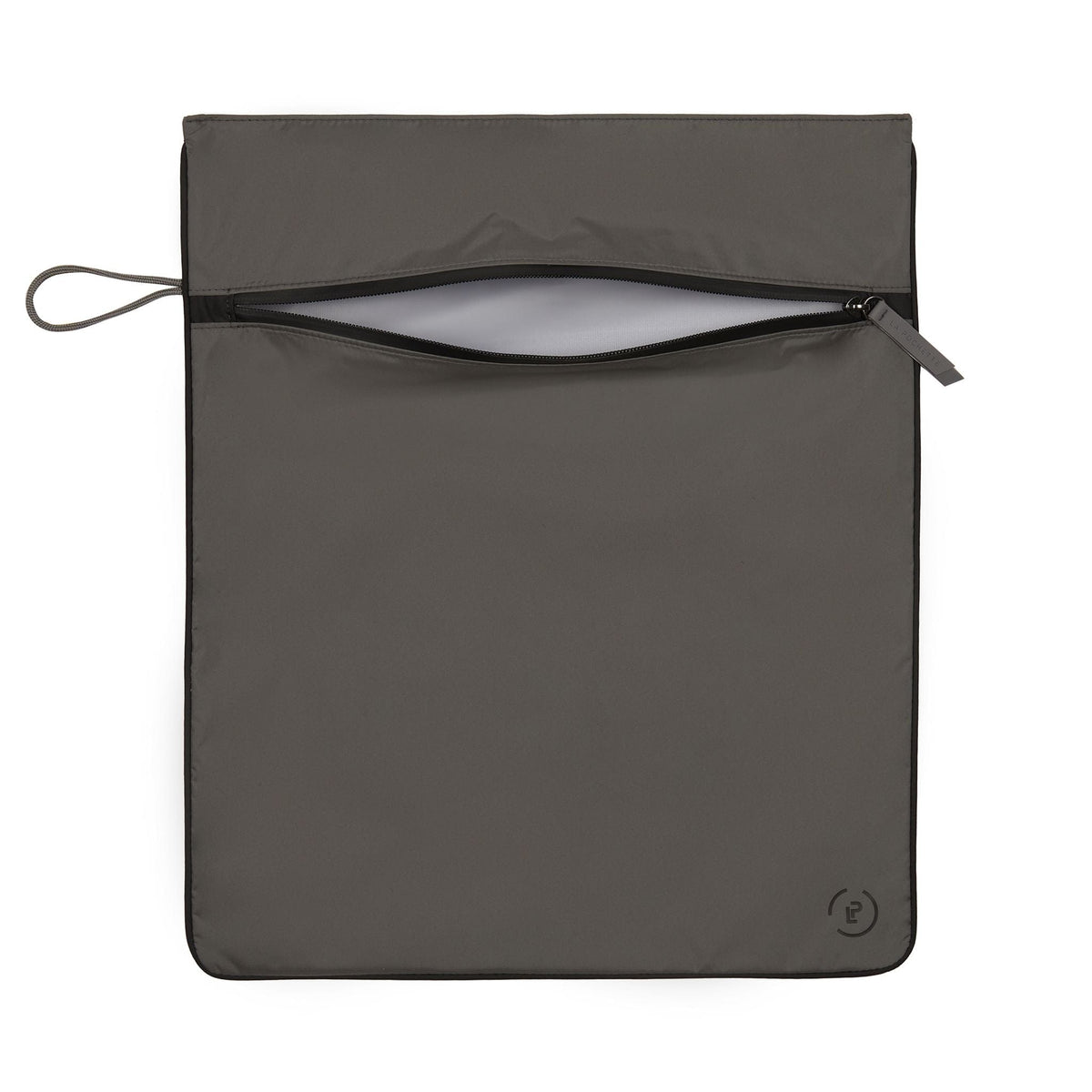 Kit Bag in a dark grey colourway with the black zip open, showing inner waterproof lining