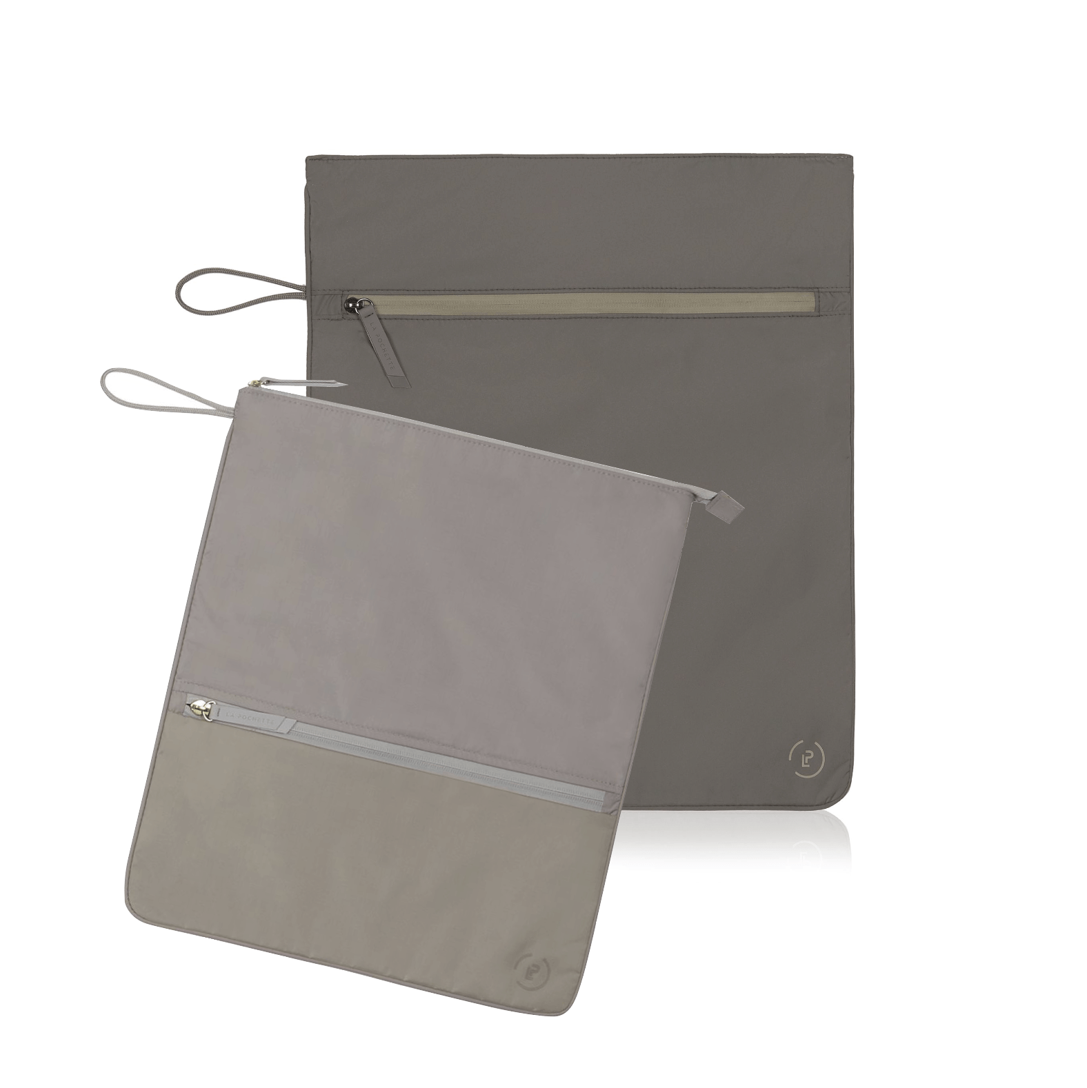 Taupe Kit Bag with smaller beige and taupe Sweat Bag layered in front, featuring water-resistant and deodorising fabric, zip closures and side loops