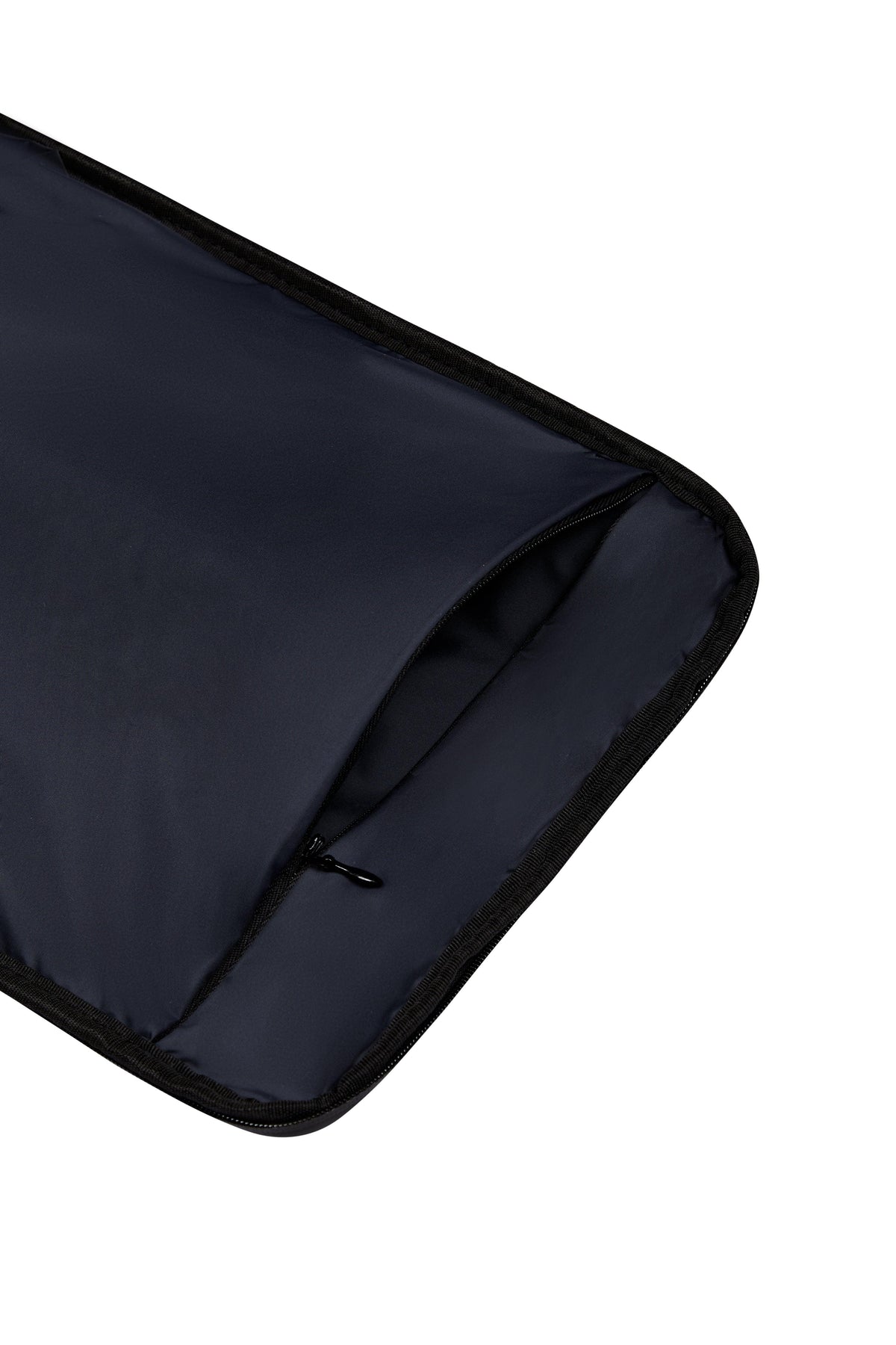 Close-up of the La Pochette Shoe Bag in navy and black showing water-resistant fabric and interior zip construction
