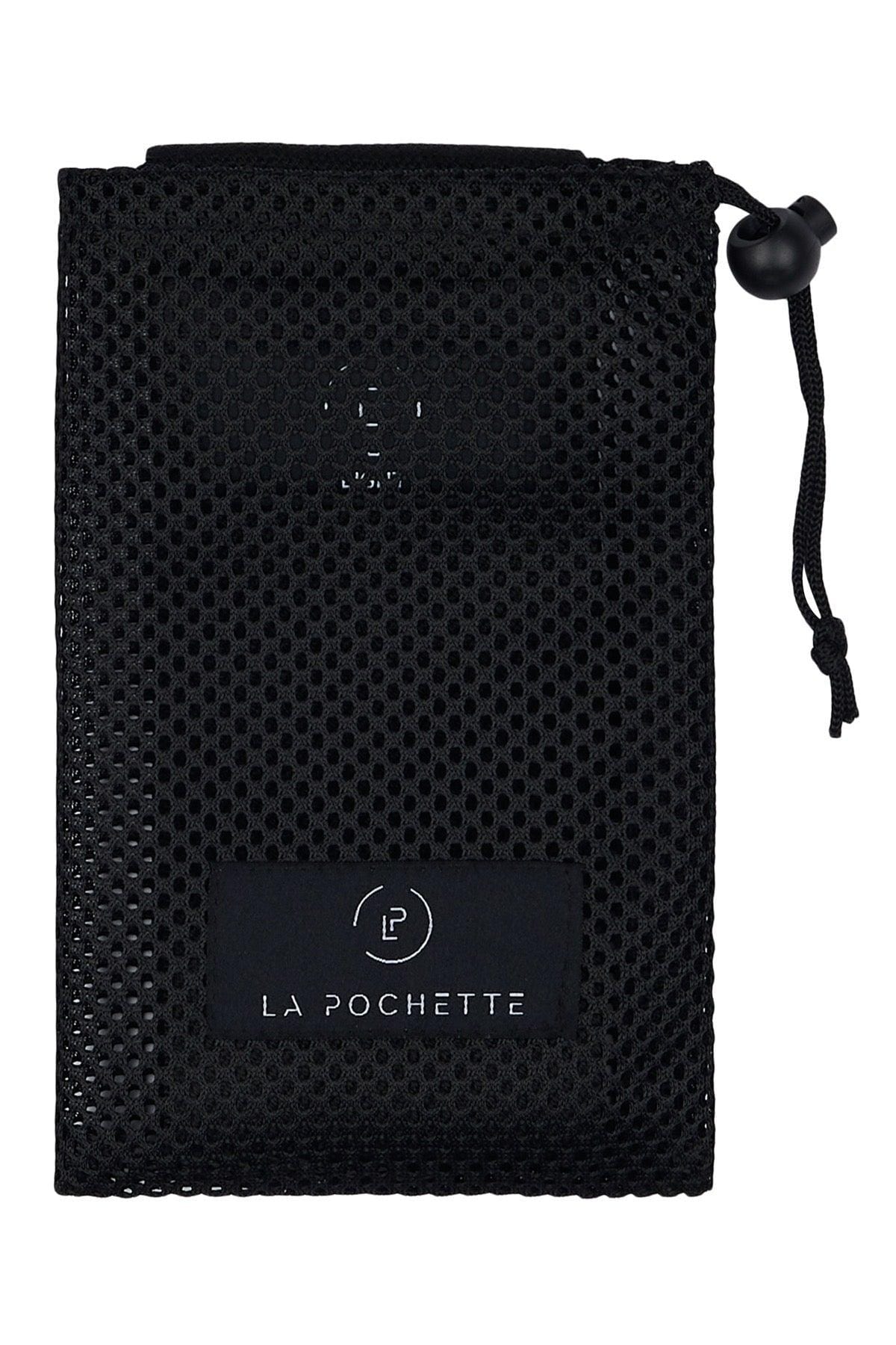 Black Mesh Bag for Resistance Band . Woven Label showing La Pochette logo. On a white background 
