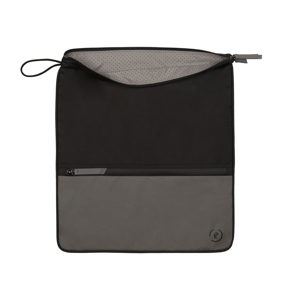 Sweat Bag in grey and black open, showing unzipped top to reveal inner deodorising grey lining