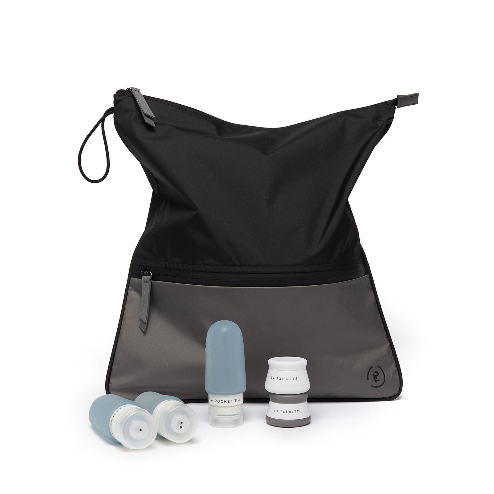 La Pochette travel bundle with grey and black sweat bag, trio of blue refillable travel bottles and two travel pots
