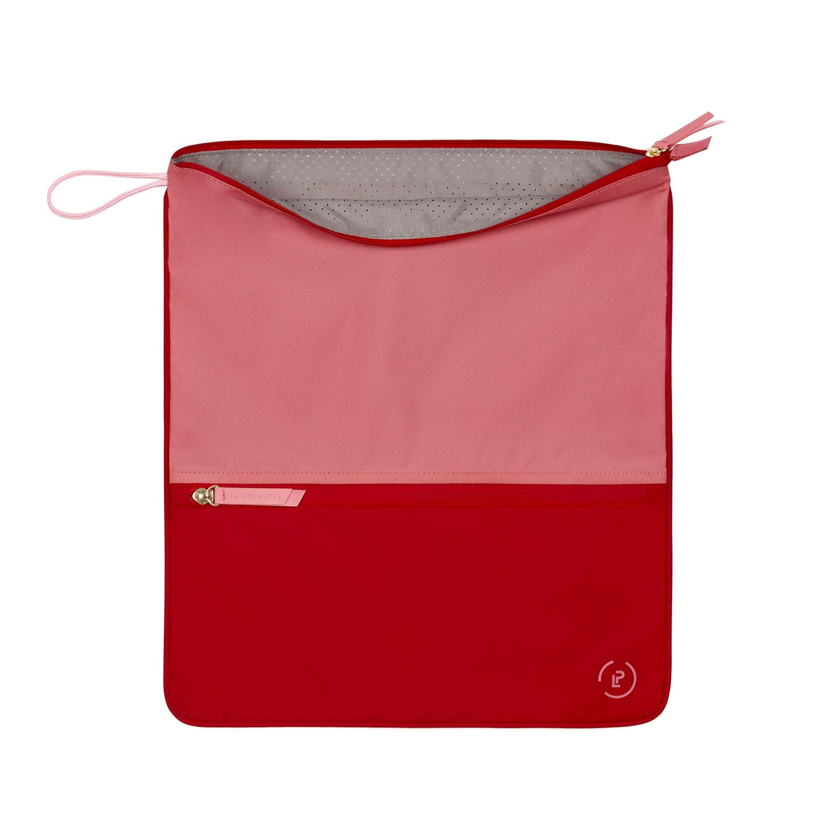 Sweat Bag in vivid pink and red open, showing unzipped top to reveal deodorising grey lining