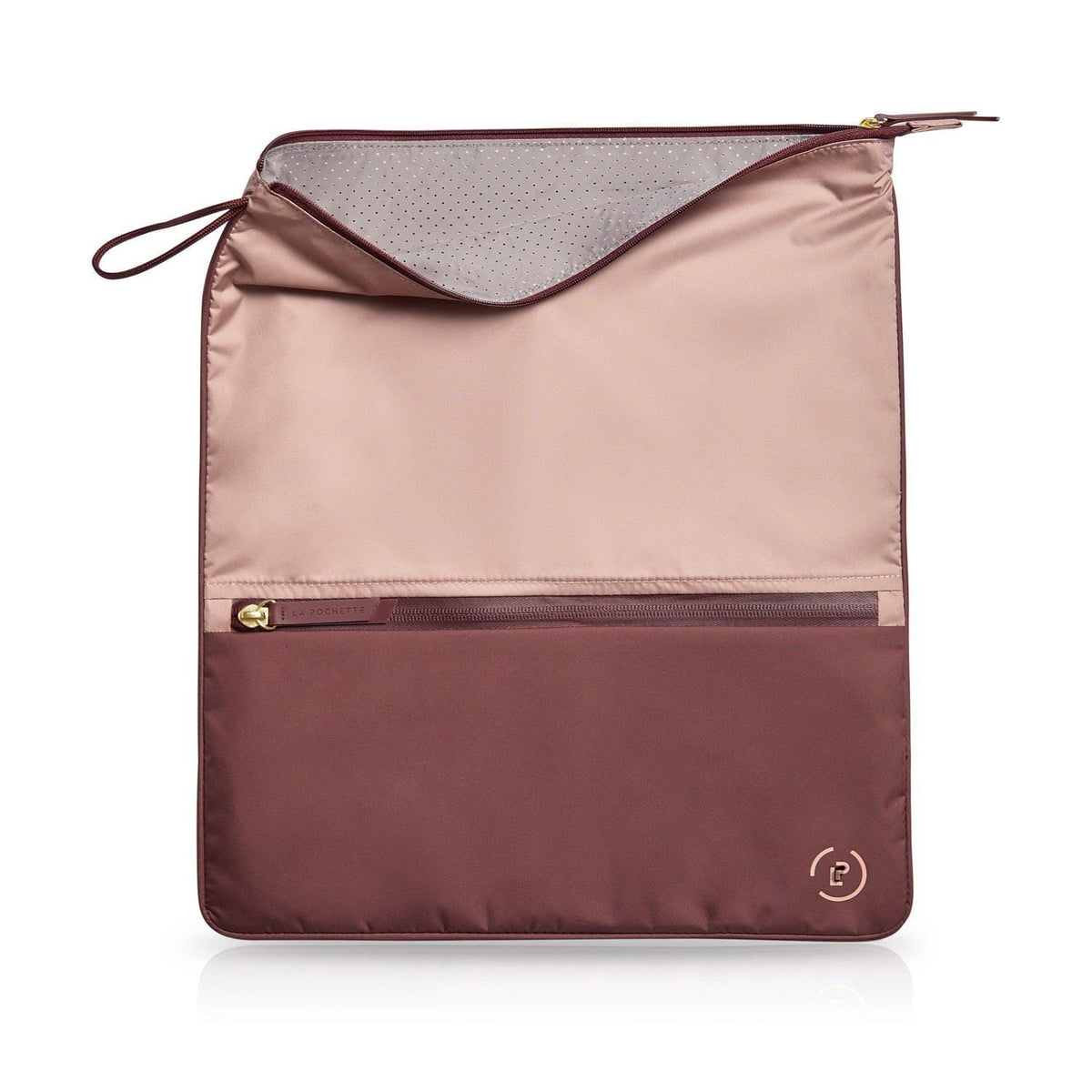 Sweat Bag in soft pink and burgundy, showing unzipped top to reveal inner deodorising grey lining