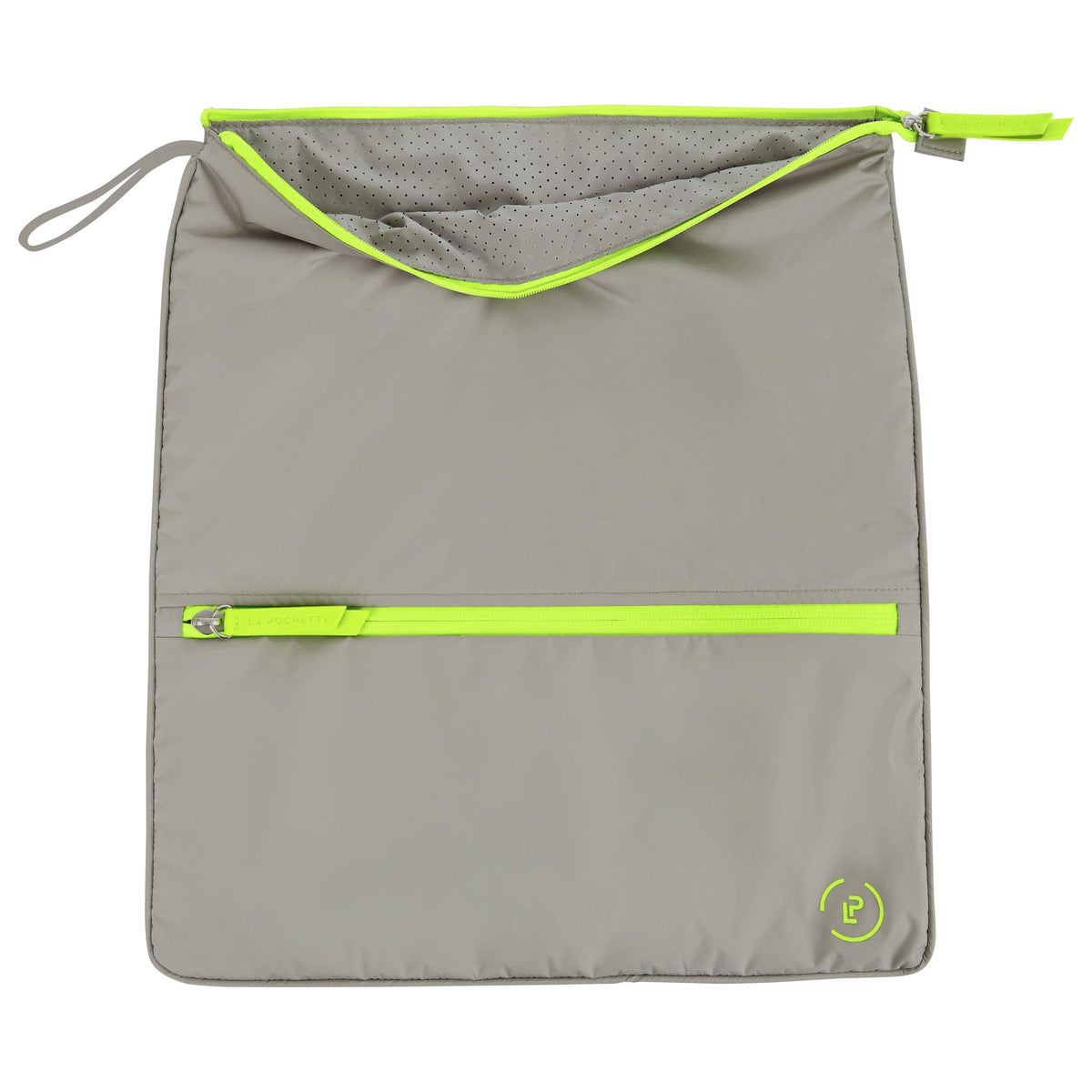 Walnut Neon Green Sweat Bag lying flat, showing unzipped top to reveal inner perforated grey lining