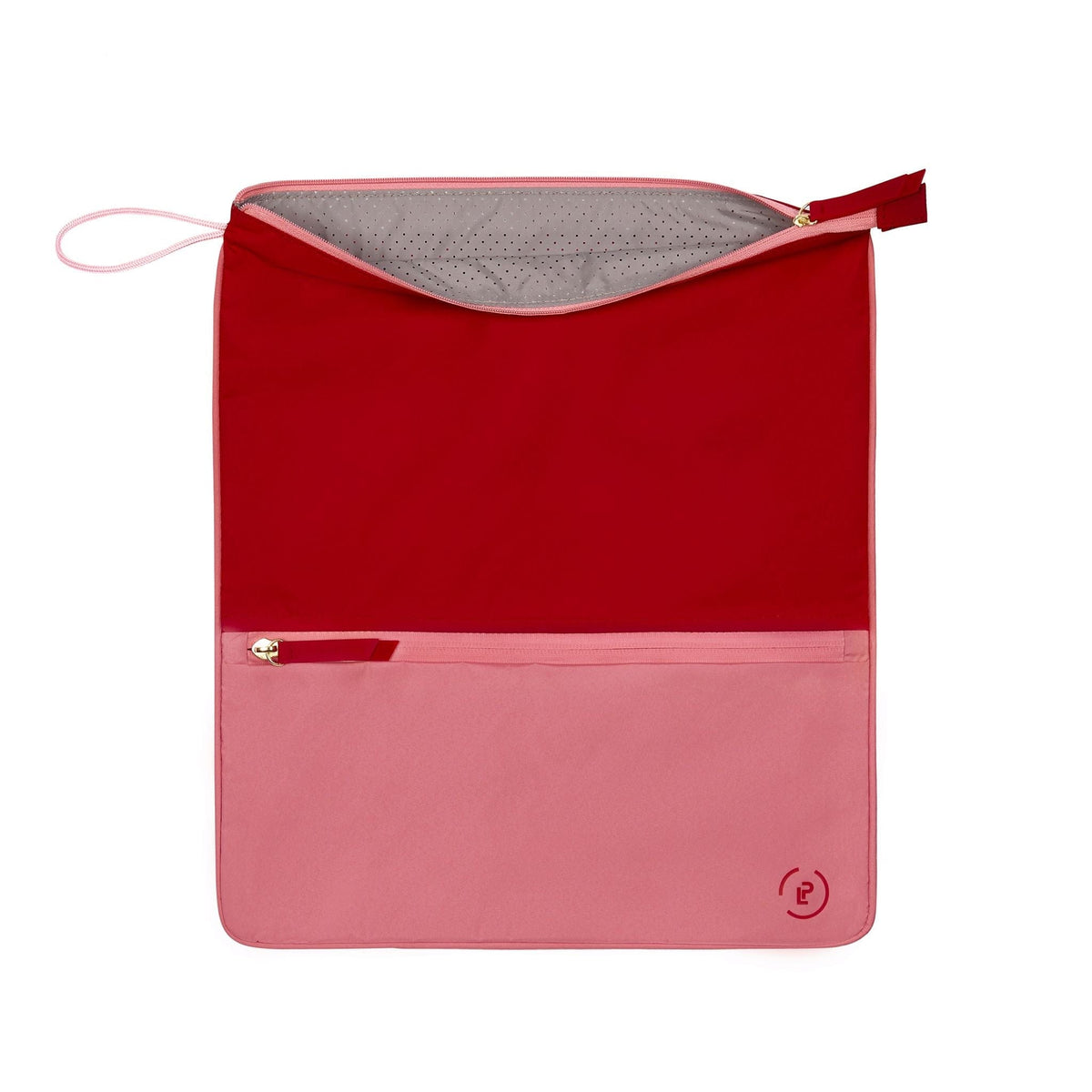 A la Pochette Bright pink and red antimicrobial Sweat Bag. Shown unzipped top to reveal inner perforated grey lining. On a white background.