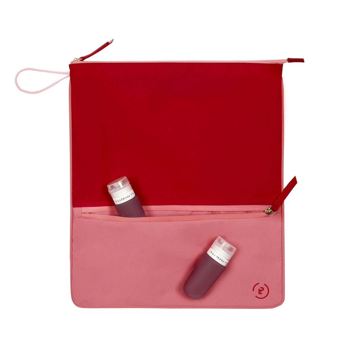 Sweat Bag shown with reusable La Pochette travel bottles in the open front pocket- lightweight bag for keeping workout clothes ready and carrying essentials