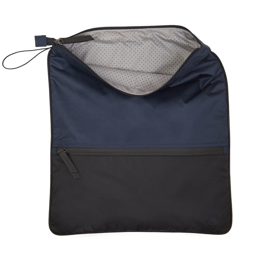 Midnight Ink Sweat Bag lying flat, showing unzipped top to reveal inner perforated grey lining